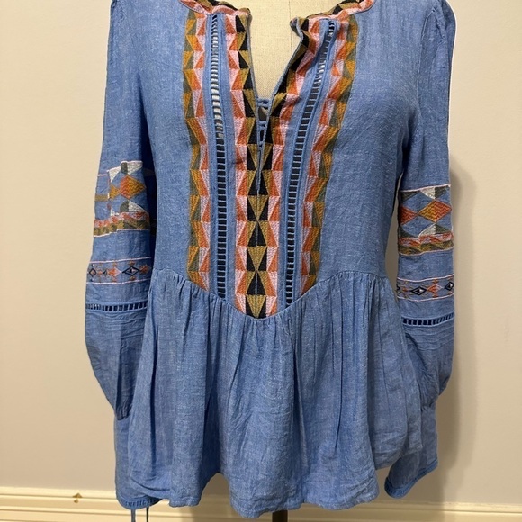 a loves a Blue Embroidered Bohemian Linen Top size medium Western Rodeo Country - Picture 3 of 9
